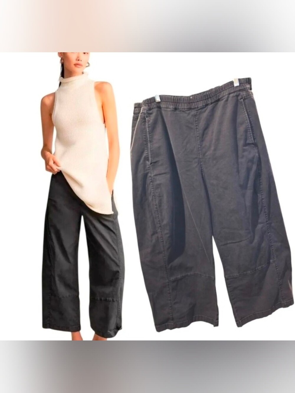 ♡ItePILCRO "Izzie" Sz XL Gray Relaxed Twill Pull On Side Pockets Barrel Pants